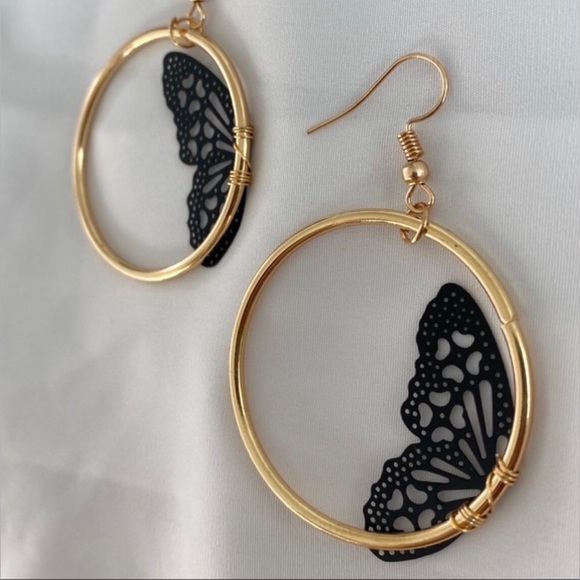 “Black Fairy Wing” Delicate Feminine Perforated Lace Half Butterfly Gold Hoops - Picture 4 of 9